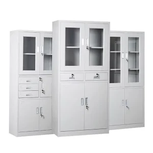Modern Office Storage Metal Double Glass Swing Door Filing Cabinet with Adjustable Shelves and Lockable Feature