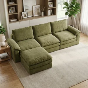 Modern Olive Green Sectional Sofa Set 3 Seater Cloud Sofa Modular Fabric Sofa for Living Room Apartment