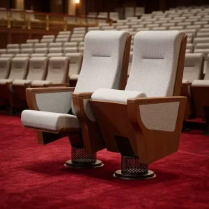 Modern One Legged Aluminum Auditorium Chair Manual Foldable Design Adjustable Height Armrest Fabric Seat Solid Back Theater