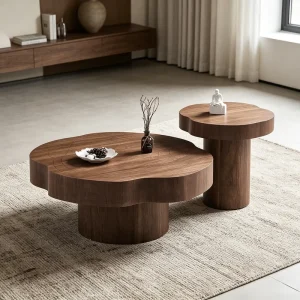 Modern Organic Nesting Coffee Table Set with Wood Veneer Finish Contemporary Living Room Furniture