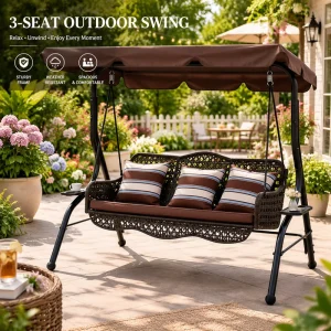 Modern Outdoor 3 Person PE Rattan Swing Chair With Waterproof Polyester Canopy Park Swing Bench And Side Cup Holders