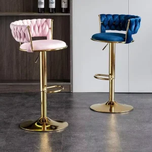 Modern Outdoor Dining Living Room Stable and Adjustable Bar Chair Velvet Fabric High Bar Stool with Wood and Metal Frame