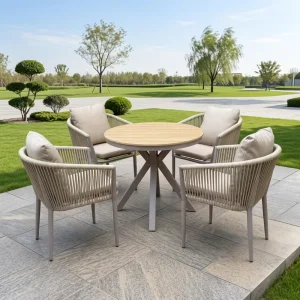 Modern Outdoor Dining Table Set Aluminum Frame Rope Weave Chairs for Hotel Resort Courtyard Beach Club Lounge