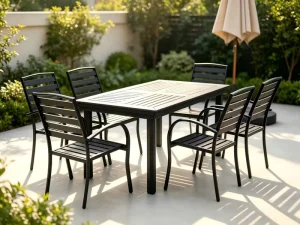 Modern Outdoor Dining Table Set with Metal Frame and Plastic Wood Tabletop 4 Chairs 120cm Long for Patio Garden and Hotel Use