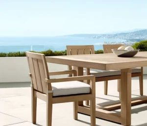Modern Outdoor Dining Table Set with Teak Chairs All Weather Waterproof Durable Quick-Dry Cushions for Patio & Garden