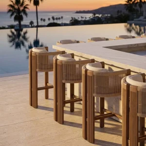 Modern Outdoor Furniture Aluminum Wood Grain Rope Woven Bar Stools Patio High Chairs with Cushion