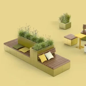 Modern Outdoor Metal Bench Solid Wood Seat Street Bench Custom Design Garden Bench for Beach Villa Resort Landscape