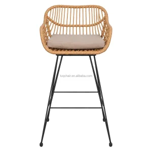 Modern Outdoor PE Rattan Wicker Bar Stool with Arms Beige Cushion Black Metal Legs for Hotel Dining Patio Kitchen Island & Cafe