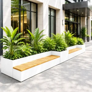 Modern Outdoor Planter Bench Modular Seating System Metal Flower Box PS Wood Plastic Seat Commercial Landscape Furniture Custom