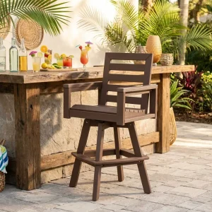 Modern Outdoor Swivel Bar Stool 360 Degree Hot Embossed Wood Grain Ladderback Patio Bar Chair for Deck Poolside Porc