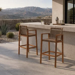 Modern Outdoor Teak Bar Stool Set PE Rattan Bar High Chairs Patio Outdoor Furniture Hotel Terrace Villa Durable