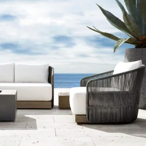 Modern Outdoor Teak Sofa Set with UV Resistant PE Rattan Waterproof Cushions for Hotel Villa Garden & Courtyard Use