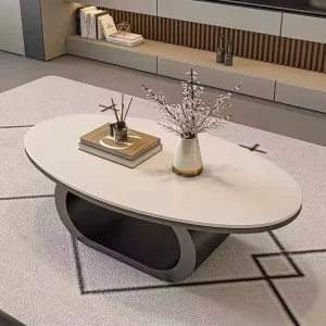 Modern Oval Coffee Table Living Room Table with Sintered Stone Top & Unique Hollow Base