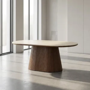 Modern Oval Coffee Table Sintered Stone MDF Frame Fluted Pedestal Base Living Room Center Table