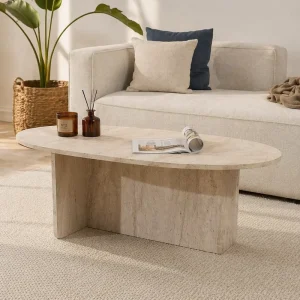 Modern Oval Coffee Table With Solid Pedestal Base Elegant Minimalist Stone Pattern Look Center Table for Living Room Furniture