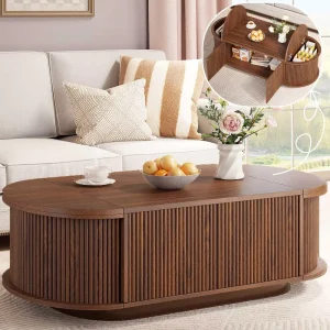 Modern Oval Living Room Table with Storage Wooden Coffee Table with Press Type Door and 2 Flip Top Hidden Lids for Living Room