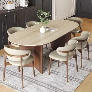 Modern Oval Solid Wood Dining Table Set with Sintered Stone Walnut Color Legs 6 8 Seater Nordic French Retro Style for Home Use