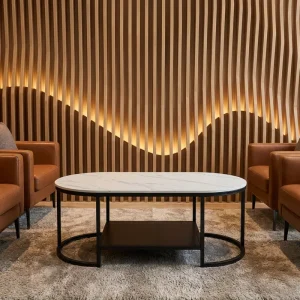 Modern Oval White Marble Coffee Table with Double Tier Storage and Black Metal Frame for Executive Lounge