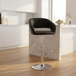Modern PU Leather Bar Stool Adjustable Height Swivel Bar Chair Black Kitchen Counter Stool With Open Back Design for Home Bar