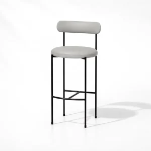 Modern PU Leather Bar Stool with Backrest Grey Upholstered Counter Stool Black Metal Frame for Hotel Bar Restaurant Furniture