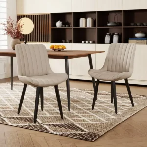Modern PU Leather Dining Chair Set of 2 Thick Cushioned Armless Side Chair Metal Legs Upholstered Kitchen Dining Room Chair