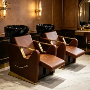 Modern PU Leather New Design Shampoo Chair With Stainless Steel Basin Stationary Footrest Commercial Salon Furniture