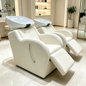 Modern PU Leather Salon Shampoo Chair Adjustable Footrest High Density Sponge Ceramic Basin Waterproof Electric Back