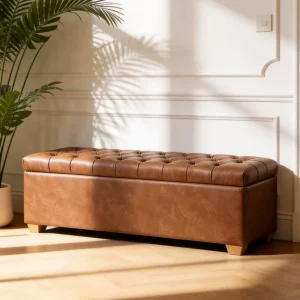 Modern PU Leather Storage Bench Tufted Flip Top End of Bed Ottoman Window Seat Footrest Stool with Wooden Legs for Bedroom