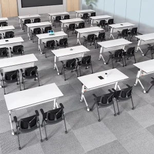 Modern Panel Style Folding Desk for Home Office Hotel or School Wood Training Conference Table with Iron Drink Rest Features