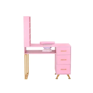 Modern Pink Manicure Nail Desk with Wood Glass and Metal Construction for Salon and Living Room Adjustable Height and Storage