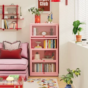 Modern Pink Metal Barrister Bookcase with Glass Doors for Home Library