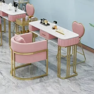 Modern Pink Nail Salon Furniture Set Iron Manicure Table Cabinet Desk Stool Chair Metal Material for Nail Bar