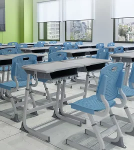 Modern Plastic School Desk and Chair Set with Adjustable Height Top Metal Frame Simple Design for Students
