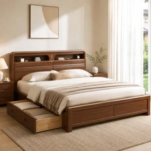 Modern Platform Bed Frame Wooden Storage Bed for King Queen Hotel Apartment Bedroom