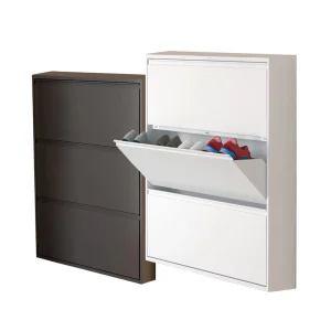 Modern Portable 3-Drawer Slim Steel White Shoe Cabinet with Wall Mount Storage Home Living Room Gym Hotel