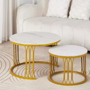 Modern Portable Durable Stainless Steel Frame Round Wooden Coffee Table for Home or Villa Living Room Furniture