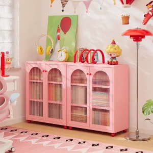 Modern Portable Pink Rounded Steel Bookshelf Safe for Children’s Rooms and Apartments