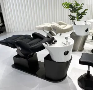 Modern Portable Salon Leather Shampoo Chair with Adjustable Footrest Ceramic Basin Stainless Steel Frame Commercial Use