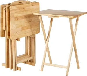 Modern Portable TV Dinner Rectangular Solid Wood Tray Table Storage Rack Coffee Table Use Natural Set 4 Trays 15″D X 19″W