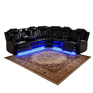 Modern Power Reclining Leather Sponge Sectional Sofa Set 6 Seater Black Convertible Bed Living Room Home Theater Hotel LED