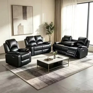 Modern Reclining Sofa Suite 1 2 3 Seats Air Leather Living Room Recliner Couch Set With Foldable Middle Console Cup Holders