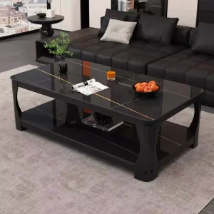 Modern Rectangular Coffee Table with Double Layer Tempered Glass Top for Living Room