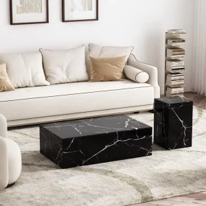 Modern Rectangular Marble Veneer Coffee Table and Square Pedestal End Table Bundle