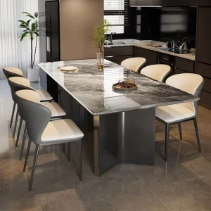 Modern Rectangular Marble Wood Dining Table Set Metal Legs 1 Table 6 Chairs Durable for Home Restaurant Hotel Lounge