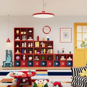 Modern Red Metal Grid Storage Cabinet With Stackable Design for Home Use