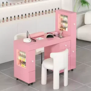 Modern Red Wooden Nail Table & Chair Set Luxury Pink Single Station Manicure Desk for Salon & Home