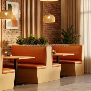Modern Restaurant Booth Seating Double Sided Banquette Sofa Orange Leather Cushion Wooden Frame Dining Table Set for Cafe Bistro