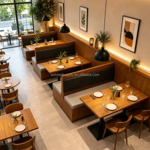 Modern Restaurant Booth Seating Double Sided Banquette Sofa Set Wood Dining Table Chairs Commercial Cafe Furniture for Project