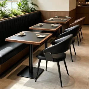 Modern Restaurant Booth & Table Chair Set Commercial PU Leather Dining Chairs with Sintered Stone Tabletop Metal Frame for Cafe