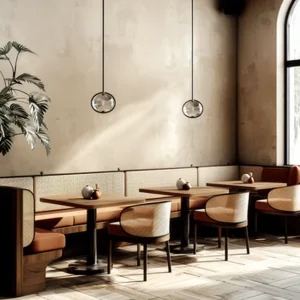 Modern Restaurant Cafe Furniture Set Wooden Dining Tables with Rattan Chairs and Orange Fabric Banquette Seating for Coffee Shop